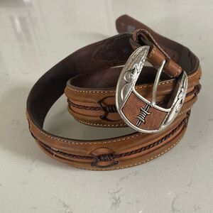 Justin Boots Brown Leather Rope Textured Silver Cowboy Buckle Brown Belt size 44
